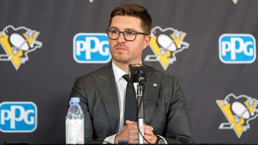 Kyle Dubas in his introductory press conference at PPG Paints Arena