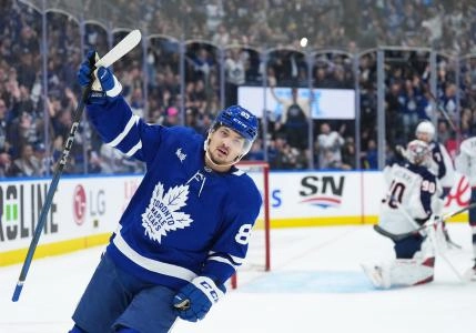 Apr 5, 2025; Toronto, Ontario, CAN; Toronto Maple Leafs left wing Nicholas Robertson (89) celebrates scoring a goal against the Columbus Blue Jackets during the first period at Scotiabank Arena. Mandatory Credit: Nick Turchiaro-Imagn Images Apr 5, 2025; Toronto, Ontario, CAN; Toronto Maple Leafs left wing Nicholas Robertson (89) celebrates scoring a goal against the Columbus Blue Jackets during the first period at Scotiabank Arena. Mandatory Credit: Nick Turchiaro-Imagn Images