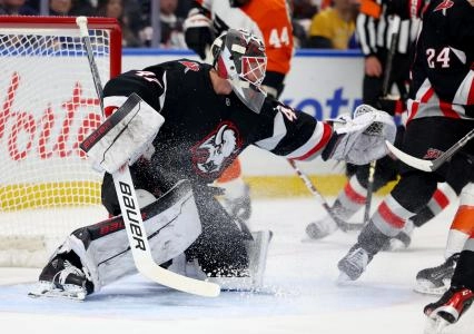 Buffalo Sabres goaltender James Reimer attempting to make a save against the Philadelphia Flyers. Buffalo Sabres goaltender James Reimer attempting to make a save against the Philadelphia Flyers.