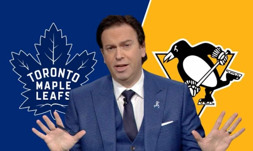 The Maple Leafs and Penguins logos with NHL Insider Elliotte Friedman in the middle. The Maple Leafs and Penguins logos with NHL Insider Elliotte Friedman in the middle.