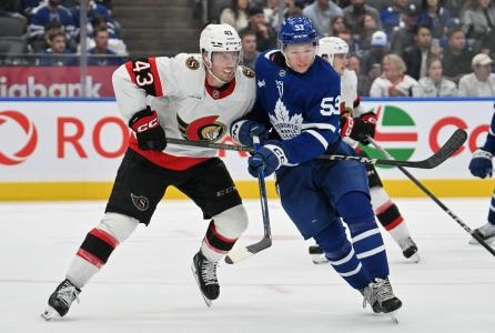 Sep 22, 2024; Toronto, Ontario, CAN; Ottawa Senators defenseman Tyler Kleven (43) covers Toronto Maple Leafs forward Easton Cowan (53) in the third period at Scotiabank Arena. Mandatory Credit: Dan Hamilton-Imagn Images Sep 22, 2024; Toronto, Ontario, CAN; Ottawa Senators defenseman Tyler Kleven (43) covers Toronto Maple Leafs forward Easton Cowan (53) in the third period at Scotiabank Arena. Mandatory Credit: Dan Hamilton-Imagn Images