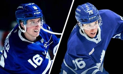 Vegas Golden Knights forward Mitch Marner (left) and Maple Leafs forward William Villeneuve (right).