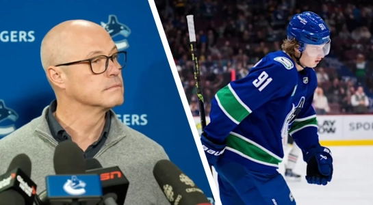 Vancouver Canucks general manager Patrik Allvin (left) and new signee Vitali Kravtsov Vancouver Canucks general manager Patrik Allvin (left) and new signee Vitali Kravtsov