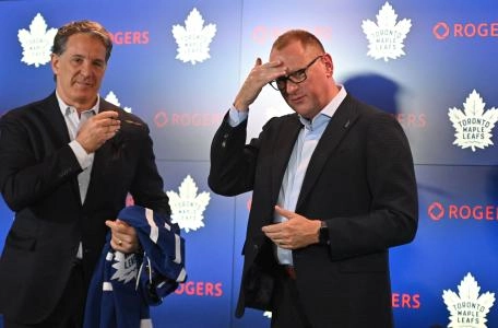 Jun 1, 2023; Toronto, Ontario, CANADA; Toronto Maple Leafs new general manager Brad Treliving is introduced by club president Brendan Shanahan (left) at a press conference at Scotiabank Arena. Mandatory Credit: Dan Hamilton-Imagn Images