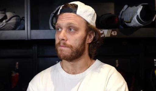 Boston Bruins forward David Pastrnak in a press conference.