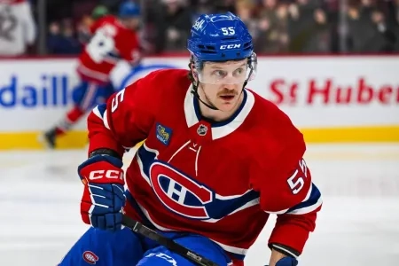 Jan 28, 2025; Montreal, Quebec, CAN; Montreal Canadiens left wing Michael Pezzetta (55) looks on during warm-up before the game against the Winnipeg Jets at Bell Centre. Mandatory Credit: David Kirouac-Imagn Images