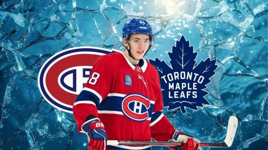 Photo of Lane Hutson, Canadiens and Leafs logos Photo of Lane Hutson, Canadiens and Leafs logos