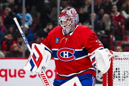 Apr 16, 2025; Montreal, Quebec, CAN; Montreal Canadiens goalie Sam Montembeault (35) looks on against the Carolina Hurricanes in the second period at Bell Centre. Mandatory Credit: David Kirouac-Imagn Images