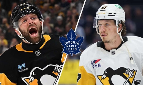 Pittsburgh Penguins forwards Bryan Rust (left) and Rickard Rakell (right) with the Maple Leafs logo in between. Pittsburgh Penguins forwards Bryan Rust (left) and Rickard Rakell (right) with the Maple Leafs logo in between.