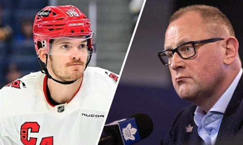 Free agent forward Jack Roslovic (left) and Maple Leafs GM Brad Treliving (right).