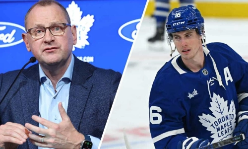 The Toronto Maple Leafs GM Brad Treliving and Vegas forward Mitch Marner.