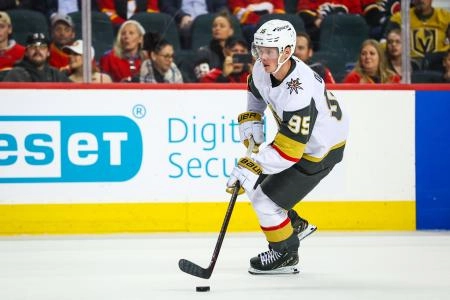 Vegas Golden Knights forward Victor Olofsson carrying the puck against the Calgary Flames. Vegas Golden Knights forward Victor Olofsson carrying the puck against the Calgary Flames.