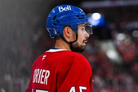 Apr 27, 2025; Montreal, Quebec, CAN; Montreal Canadiens defenseman Alexandre Carrier (45) looks on against the Washington Capitals during the second period in game four of the first round of the 2025 Stanley Cup Playoffs at Bell Centre. Mandatory Credit: David Kirouac-Imagn Images Apr 27, 2025; Montreal, Quebec, CAN; Montreal Canadiens defenseman Alexandre Carrier (45) looks on against the Washington Capitals during the second period in game four of the first round of the 2025 Stanley Cup Playoffs at Bell Centre. Mandatory Credit: David Kirouac-Imagn Images