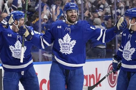 May 5, 2025; Toronto, Ontario, CAN; Toronto Maple Leafs forward Max Pacioretty (67) reacts after assisting on a goal by forward William Nylander (not pictured) in the first period against the Florida Panthers in the second round of the 2025 Stanley Cup Playoffs at Scotiabank Arena. Mandatory Credit: John E. Sokolowski-Imagn Images