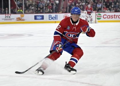 Apr 8, 2025; Montreal, Quebec, CAN; Montreal Canadiens forward Patrik Laine (92) puts on the brakes during the second period of the game against the Detroit Red Wings at the Bell Centre. Mandatory Credit: Eric Bolte-Imagn Images