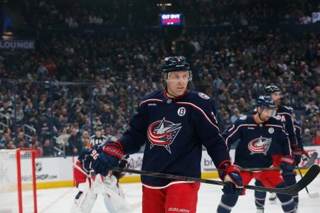 Apr 3, 2025; Columbus, Ohio, USA; Columbus Blue Jackets defenseman Jack Johnson (3) during the first period at Nationwide Arena. Mandatory Credit: Russell LaBounty-Imagn Images