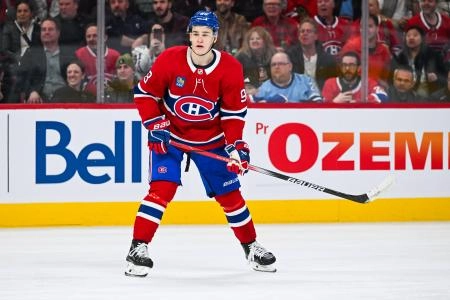 Apr 14, 2025; Montreal, Quebec, CAN; Montreal Canadiens right wing Ivan Demidov (93) tracks a play against the Chicago Blackhawks in the second period at Bell Centre. Mandatory Credit: David Kirouac-Imagn Images
