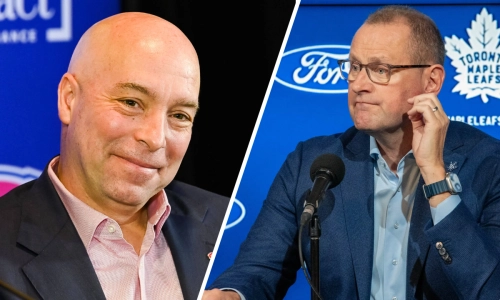 Photo of Montreal Canadiens GM Kent Hughes (left) Toronto Maple Leafs GM Brad Treliving (right)