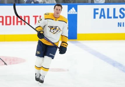 Dec 9, 2023; Toronto, Ontario, CAN; Nashville Predators defenseman Tyson Barrie (22) skates during the warmup against the Toronto Maple Leafs at Scotiabank Arena. Mandatory Credit: Nick Turchiaro-Imagn Images