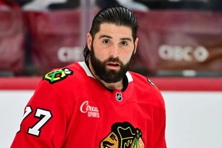 Nov 21, 2024; Chicago, Illinois, USA; Chicago Blackhawks left wing Pat Maroon (77) warms up against the Florida Panthers before the game at the United Center. Mandatory Credit: Daniel Bartel-Imagn Images