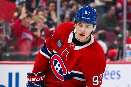 Apr 14, 2025; Montreal, Quebec, CAN; Montreal Canadiens right wing Ivan Demidov (93) looks on in warm-up before the game against the Chicago Blackhawks at Bell Centre. Mandatory Credit: David Kirouac-Imagn Images