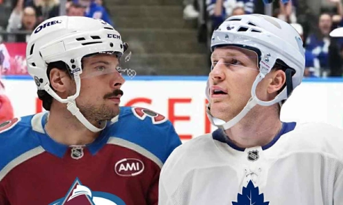 Auston Matthews and Nathan MacKinnon in opposite jerseys.