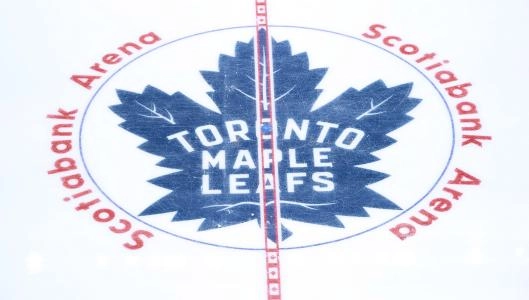 Apr 20, 2025; Toronto, Ontario, CAN; The Toronto Maple Leafs logo at center ice before game one of the first round of the 2025 Stanley Cup Playoffs against the Ottawa Senators at Scotiabank Arena