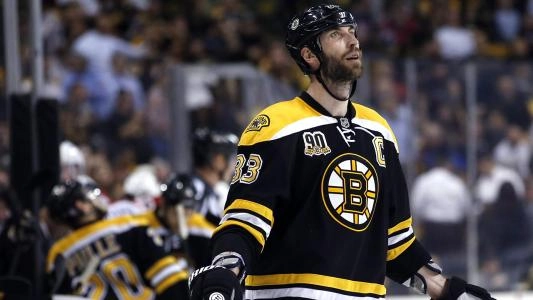 Boston Bruins' Zdeno Chara looks up in the sky