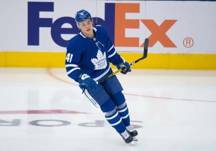 Nov 9, 2019; Toronto, Ontario, CAN; Toronto Maple Leafs left wing Dmytro Timashov (41) skates during the warm-up against the Philadelphia Flyers at Scotiabank Arena. Mandatory Credit: Nick Turchiaro-Imagn Images