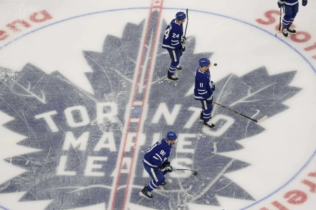 May 18, 2025; Toronto, Ontario, CAN; Toronto Maple Leafs forward Scott Laughton (24), forward Max Domi (11) and forward John Tavares (91) during warm up before game seven of the second round of the 2025 Stanley Cup Playoffs against the Florida Panthers at Scotiabank Arena. Mandatory Credit: John E. Sokolowski-Imagn Images