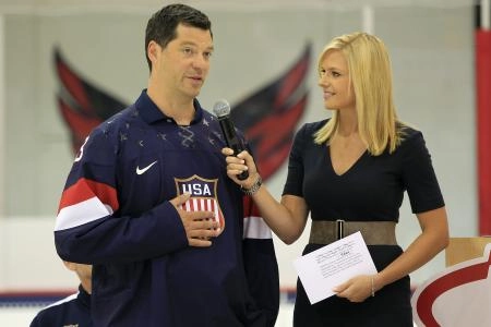 Aug 27, 2013; Arlington, VA, USA; Former NHL player and Olympic team member Bill Guerin (left) speak with NHL Network host Kathryn Tappen during a ceremony unveiling the 2014 USA olympic hockey jersey as part of the 2013 U.S. men's national team camp at Kettler Capitals Iceplex. Mandatory Credit: Geoff Burke-Imagn Images Aug 27, 2013; Arlington, VA, USA; Former NHL player and Olympic team member Bill Guerin (left) speak with NHL Network host Kathryn Tappen during a ceremony unveiling the 2014 USA olympic hockey jersey as part of the 2013 U.S. men's national team camp at Kettler Capitals Iceplex. Mandatory Credit: Geoff Burke-Imagn Images