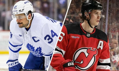 Maple Leafs captain Auston Matthews (34, left) and New Jersey Devils forward Jack Hughes (86, right).