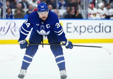 May 7, 2025; Toronto, Ontario, CAN; Toronto Maple Leafs center Auston Matthews (34) waits for the faceoff during the first period against the Florida Panthers in game two of the second round of the 2025 Stanley Cup Playoffs at Scotiabank Arena. Mandatory Credit: Nick Turchiaro-Imagn Images