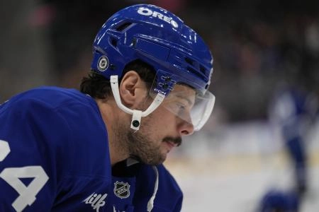 Jan 5, 2025; Toronto, Ontario, CAN; Toronto Maple Leafs forward Auston Matthews (34) during warm up before a game against the Philadelphia Flyers at Scotiabank Arena. Mandatory Credit: John E. Sokolowski-Imagn Images