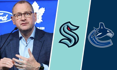 Maple Leafs GM Brad Treliving (left) as well as the Seattle Kraken and Vancouver Canucks logos (middle, right) Maple Leafs GM Brad Treliving (left) as well as the Seattle Kraken and Vancouver Canucks logos (middle, right)