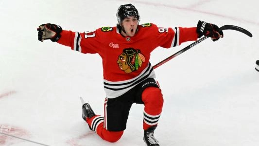 Chicago Blackhawks' Frank Nazar celebrates a goal