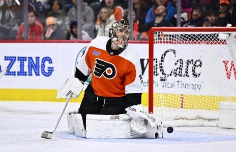 Jan 20, 2024; Philadelphia, Pennsylvania, USA; Philadelphia Flyers goalie Carter Hart (79) reacts after allowing a goal against the Colorado Avalanche in the first period at Wells Fargo Center. Mandatory Credit: Kyle Ross-Imagn Images
