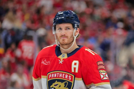 May 9, 2025; Sunrise, Florida, USA; Florida Panthers left wing Matthew Tkachuk (19) looks on against the Toronto Maple Leafs during the third period in game three of the second round of the 2025 Stanley Cup Playoffs at Amerant Bank Arena. Mandatory Credit: Sam Navarro-Imagn Images