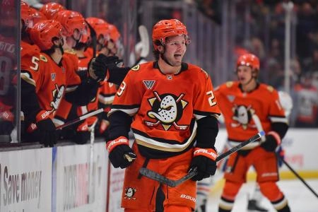 Apr 7, 2025; Anaheim, California, USA; Anaheim Ducks center Mason McTavish (23) celebrates his goal scored against the Edmonton Oilers during the third period at Honda Center. Mandatory Credit: Gary A. Vasquez-Imagn Images Apr 7, 2025; Anaheim, California, USA; Anaheim Ducks center Mason McTavish (23) celebrates his goal scored against the Edmonton Oilers during the third period at Honda Center. Mandatory Credit: Gary A. Vasquez-Imagn Images