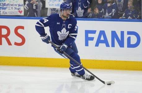 May 5, 2025; Toronto, Ontario, CAN; Toronto Maple Leafs forward Auston Matthews (34) skates with the puck before game one of the second round of the 2025 Stanley Cup Playoffs against the Florida Panthers at Scotiabank Arena. Mandatory Credit: John E. Sokolowski-Imagn Images