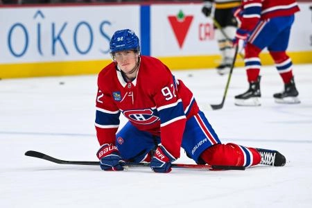 Dec 12, 2024; Montreal, Quebec, CAN; Montreal Canadiens right wing Patrik Laine (92) stretches during warm-up before the game against the Pittsburgh Penguins at Bell Centre. Mandatory Credit: David Kirouac-Imagn Images