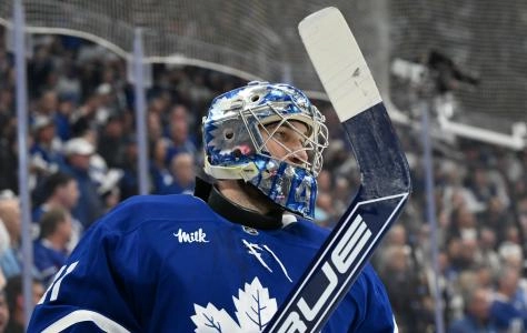 Toronto Maple Leafs goaltender Anthony Stolarz in action against the Ottawa Senators. Toronto Maple Leafs goaltender Anthony Stolarz in action against the Ottawa Senators.