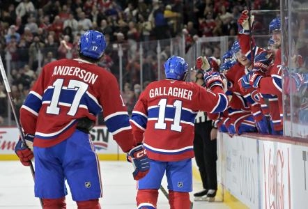 Dec 21, 2024; Montreal, Quebec, CAN; Montreal Canadiens forward Brendan Gallagher (11) celebrates with teammates including forward Josh Anderson (17) after scoring a goal against the Detroit Red Wings during the second period at the Bell Centre. Mandatory Credit: Eric Bolte-Imagn Images