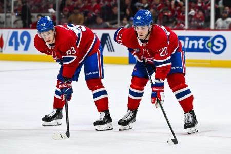 Apr 27, 2025; Montreal, Quebec, CAN; Montreal Canadiens right wing Ivan Demidov (93) and left wing Juraj Slafkovsky (20) wait for a face-off beside each other during the third period in game four of the first round of the 2025 Stanley Cup Playoffs at Bell Centre. Mandatory Credit: David Kirouac-Imagn Images Apr 27, 2025; Montreal, Quebec, CAN; Montreal Canadiens right wing Ivan Demidov (93) and left wing Juraj Slafkovsky (20) wait for a face-off beside each other during the third period in game four of the first round of the 2025 Stanley Cup Playoffs at Bell Centre. Mandatory Credit: David Kirouac-Imagn Images