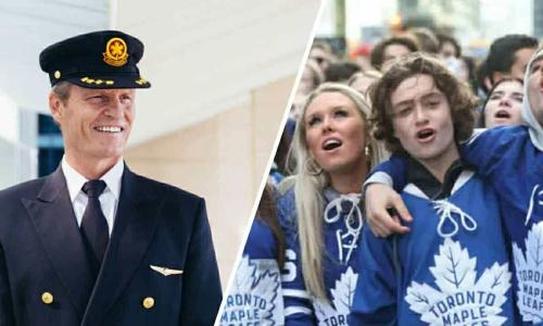 An Air Canada pilot (left) and the Maple Leafs fans (right)