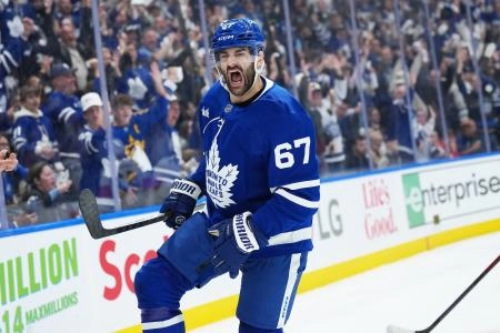 May 7, 2025; Toronto, Ontario, CAN; Toronto Maple Leafs left wing Max Pacioretty (67) celebrates after scoring a goal against the Florida Panthers during the first period in game two of the second round of the 2025 Stanley Cup Playoffs at Scotiabank Arena