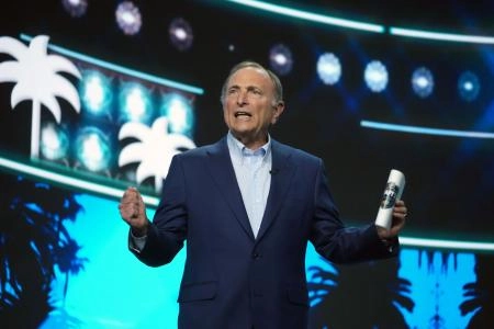 Jun 27, 2025; Los Angeles, California, USA; NHL commissioner Gary Bettman speaks during the first round of the 2025 NHL Draft at Peacock Theater. Mandatory Credit: Kirby Lee-Imagn Images