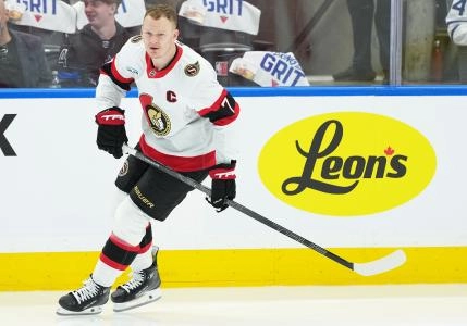 Apr 29, 2025; Toronto, Ontario, CAN; Ottawa Senators left wing Brady Tkachuk (7) skates during the warmup before game five of the first round of the 2025 Stanley Cup Playoffs against the Toronto Maple Leafs at Scotiabank Arena. Mandatory Credit: Nick Turchiaro-Imagn Images Apr 29, 2025; Toronto, Ontario, CAN; Ottawa Senators left wing Brady Tkachuk (7) skates during the warmup before game five of the first round of the 2025 Stanley Cup Playoffs against the Toronto Maple Leafs at Scotiabank Arena. Mandatory Credit: Nick Turchiaro-Imagn Images
