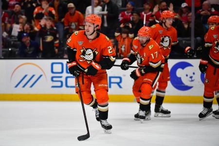 Feb 2, 2025; Anaheim, California, USA; Anaheim Ducks center Mason McTavish (23) celebrates his goal scored against the Montreal Canadiens during the second period at Honda Center. Mandatory Credit: Gary A. Vasquez-Imagn Images