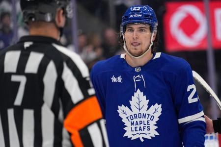 Apr 20, 2025; Toronto, Ontario, CAN; Toronto Maple Leafs forward Matthew Knies (23) goes to talk to Referee Garret Rank (7) during a break in the action against the Ottawa Senators in the third period of game one of the first round of the 2025 Stanley Cup Playoffs at Scotiabank Arena. Mandatory Credit: John E. Sokolowski-Imagn Images Apr 20, 2025; Toronto, Ontario, CAN; Toronto Maple Leafs forward Matthew Knies (23) goes to talk to Referee Garret Rank (7) during a break in the action against the Ottawa Senators in the third period of game one of the first round of the 2025 Stanley Cup Playoffs at Scotiabank Arena. Mandatory Credit: John E. Sokolowski-Imagn Images